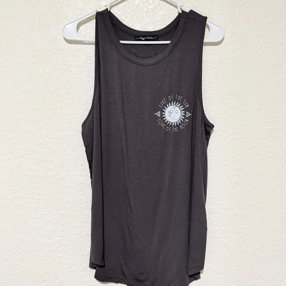 NWOT Large Black Boho Graphic Tank Top Sun Moon Lotus Mandala Print 96% Rayon - Picture 3 of 3